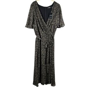 NEW Lauren Ralph Lauren Floral Wrap Dress Women's 12 Black Midi‎ Flutter Sleeve